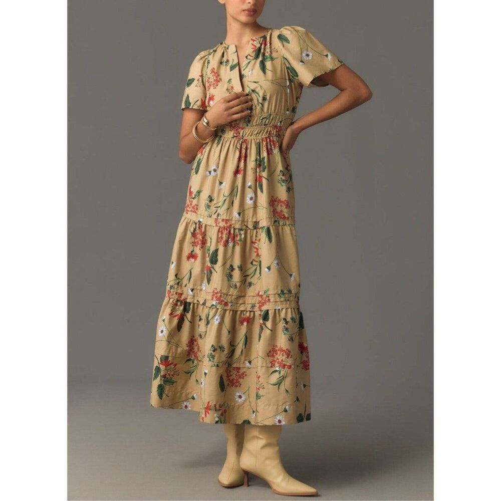 Anthropologie The Somerset Maxi Dress Womens Small S Khaki Tan Floral NWT Pocket